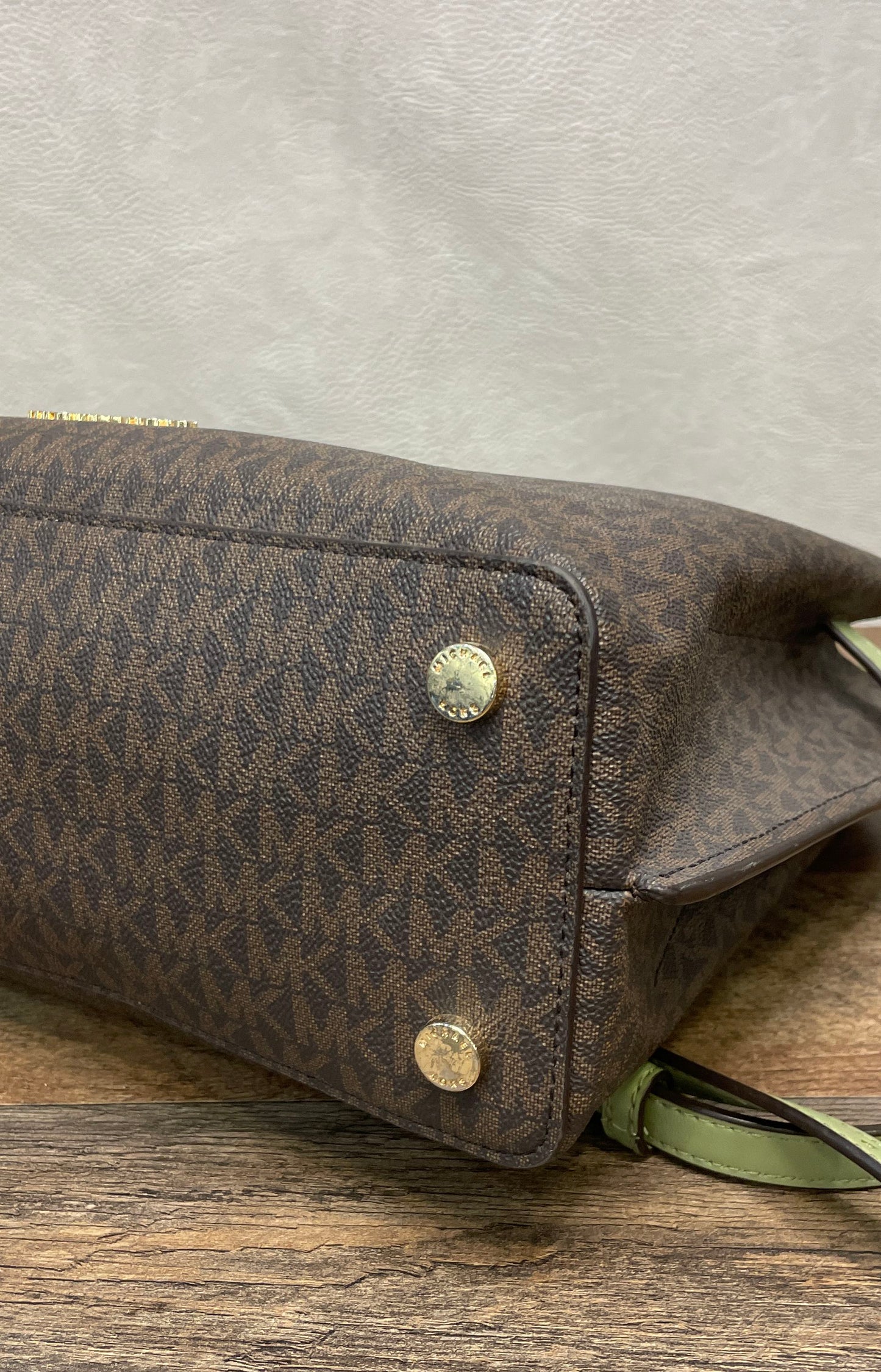 Michael Kors Brown Green Signature Canvas Emory Satchel Handbag Crossbody