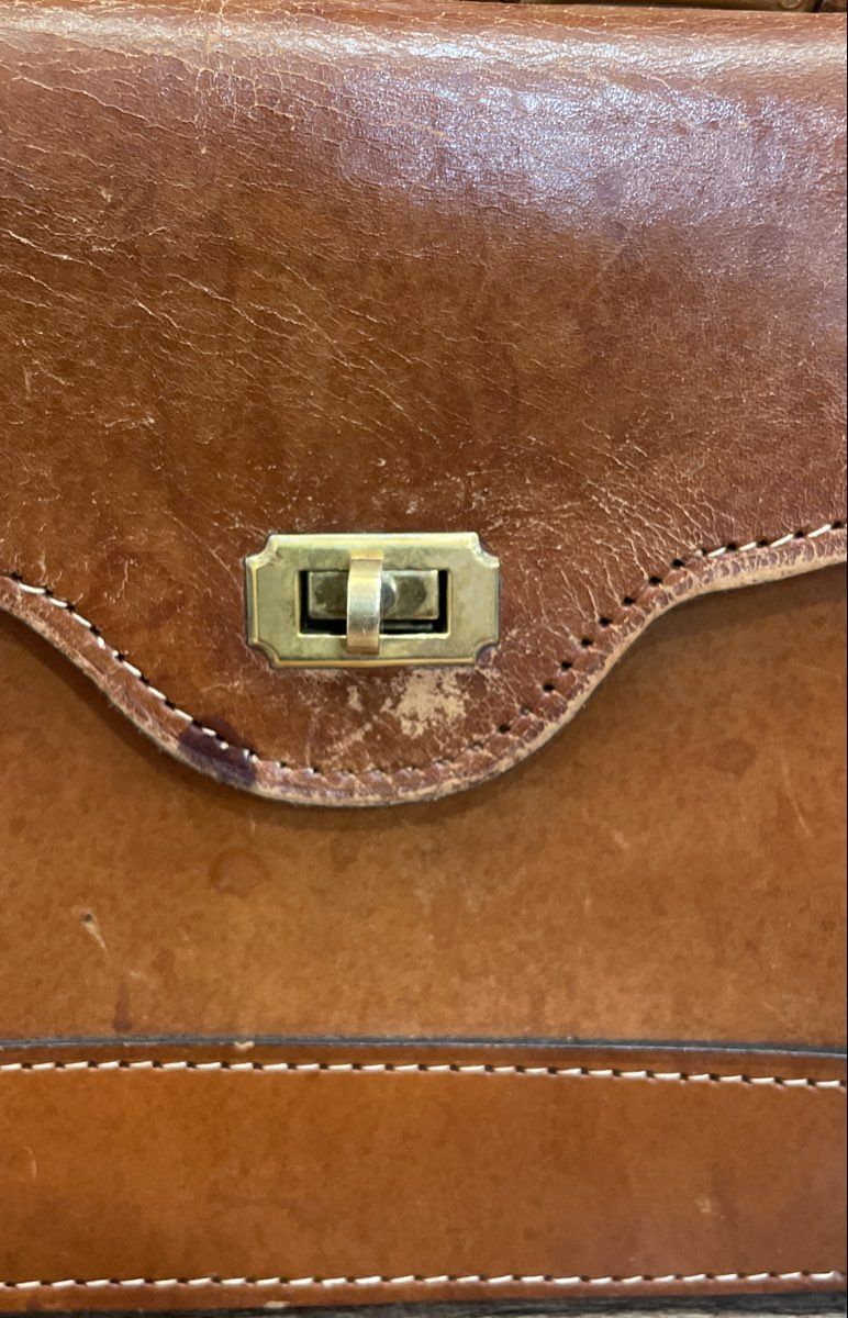 Vintage Brown Leather Satchel Handbag with Bamboo Accent Brass Turn Lock