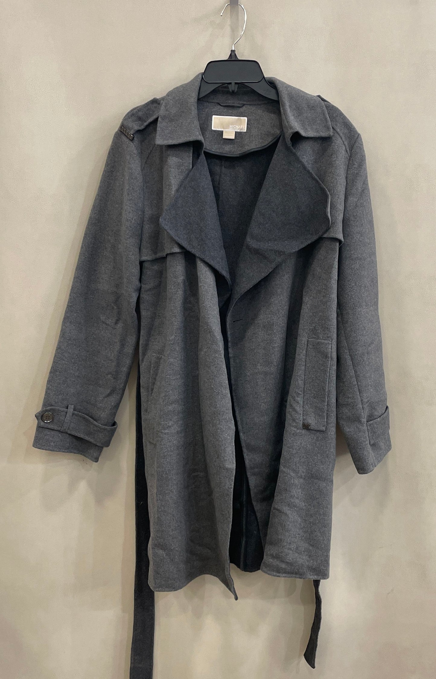 Michael Kors Women's Grey Wool Blend Wrap Drape Front Belted Trench Coat Sz XL