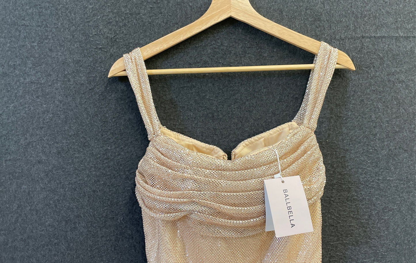 Ballbella Women's Rose Gold Sparkling Metallic Ruched Draped Gown NWT