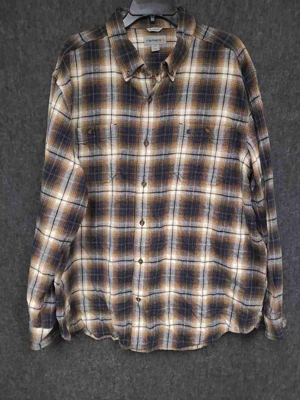 Carhartt Men's Brown Navy Plaid Relaxed Fit Flannel Button Down Shirt Sz 2XL