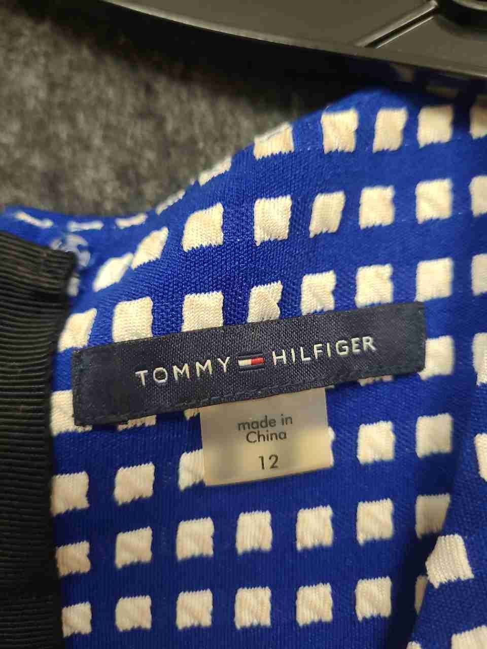 Tommy Hilfiger Women's Blue White Geometric Sleeveless Fit Flare Dress Sz 12