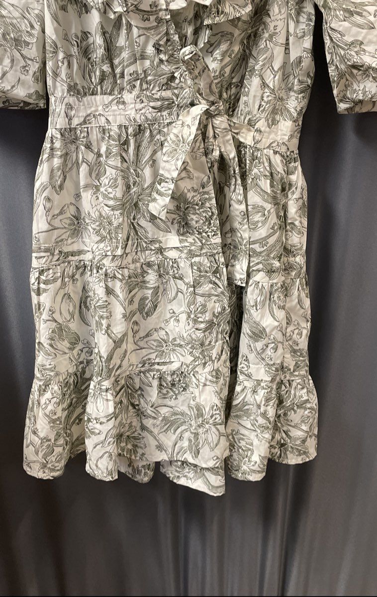 Caroline Constas Women's Green White Floral Ruffled Puff Sleeve Wrap Dress Sz S
