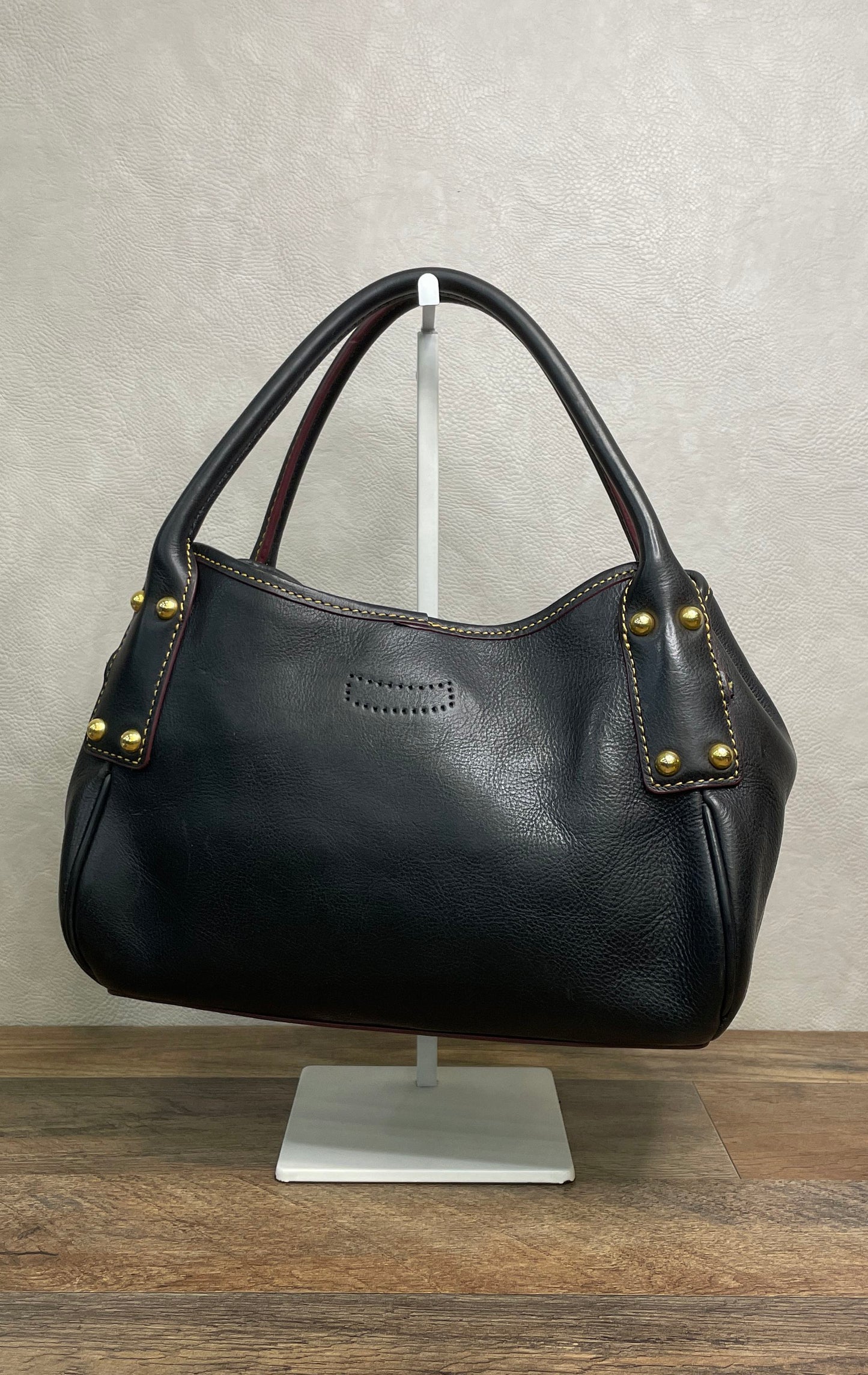 Dooney & Bourke Black Pebbled Leather Satchel Bag Brass Hardware Red Lining