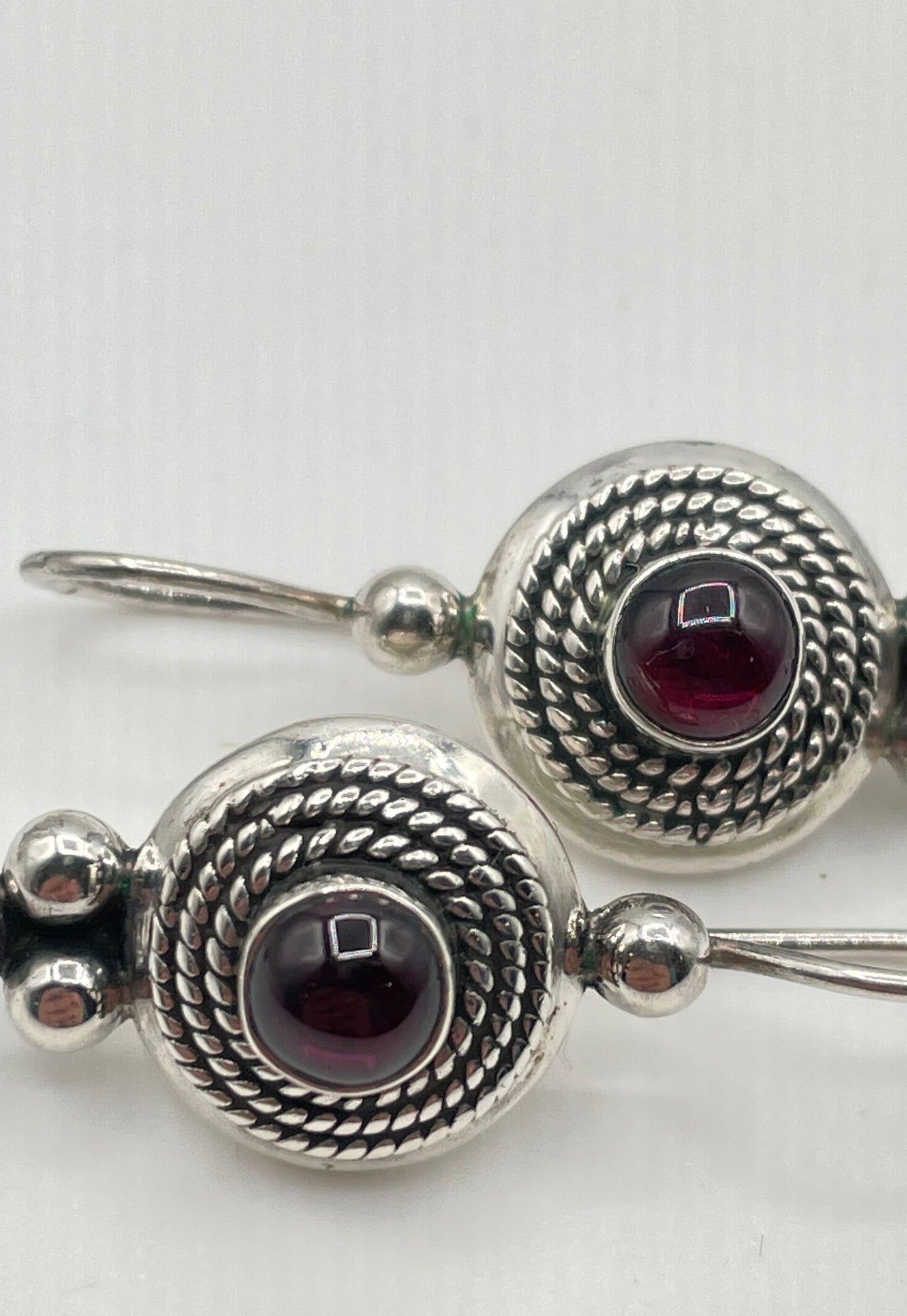 925 Sterling Silver Garnet Balinese Style Drop Hook Latch Earrings 8.8g