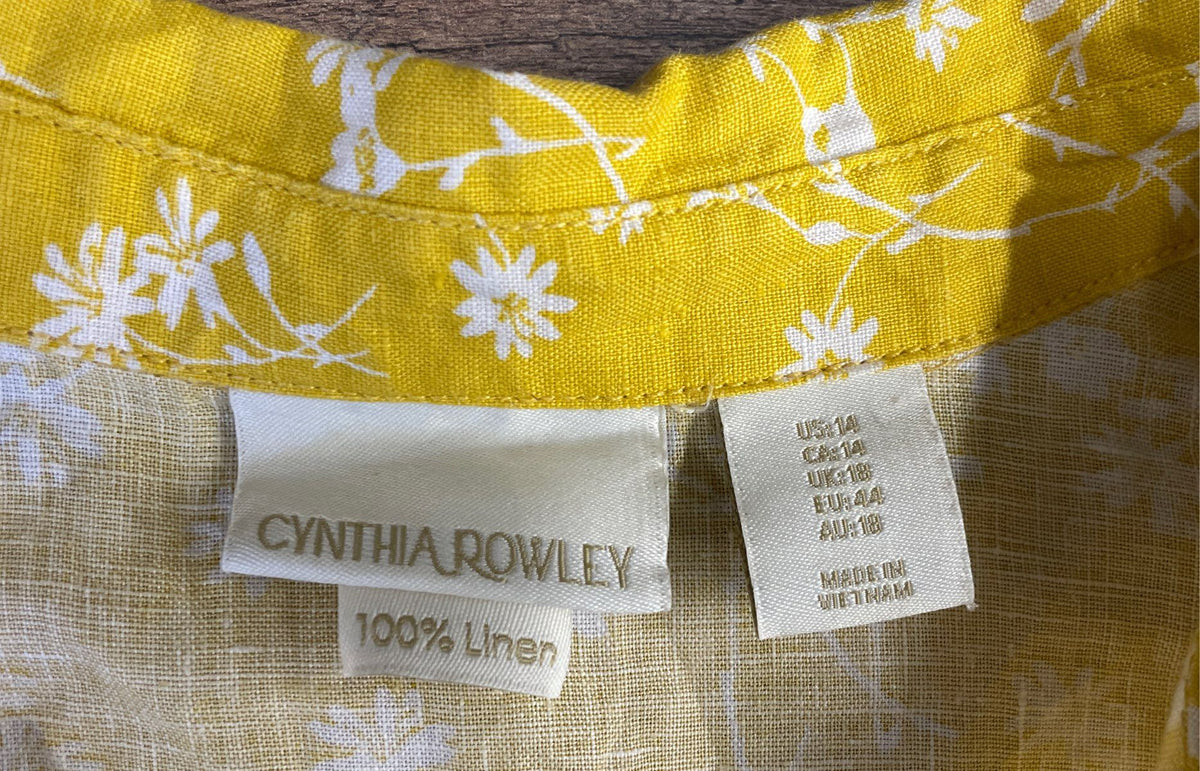 Cynthia Rowley Women's Yellow Floral 100% Linen Sleeveless Shift Dress Size 14