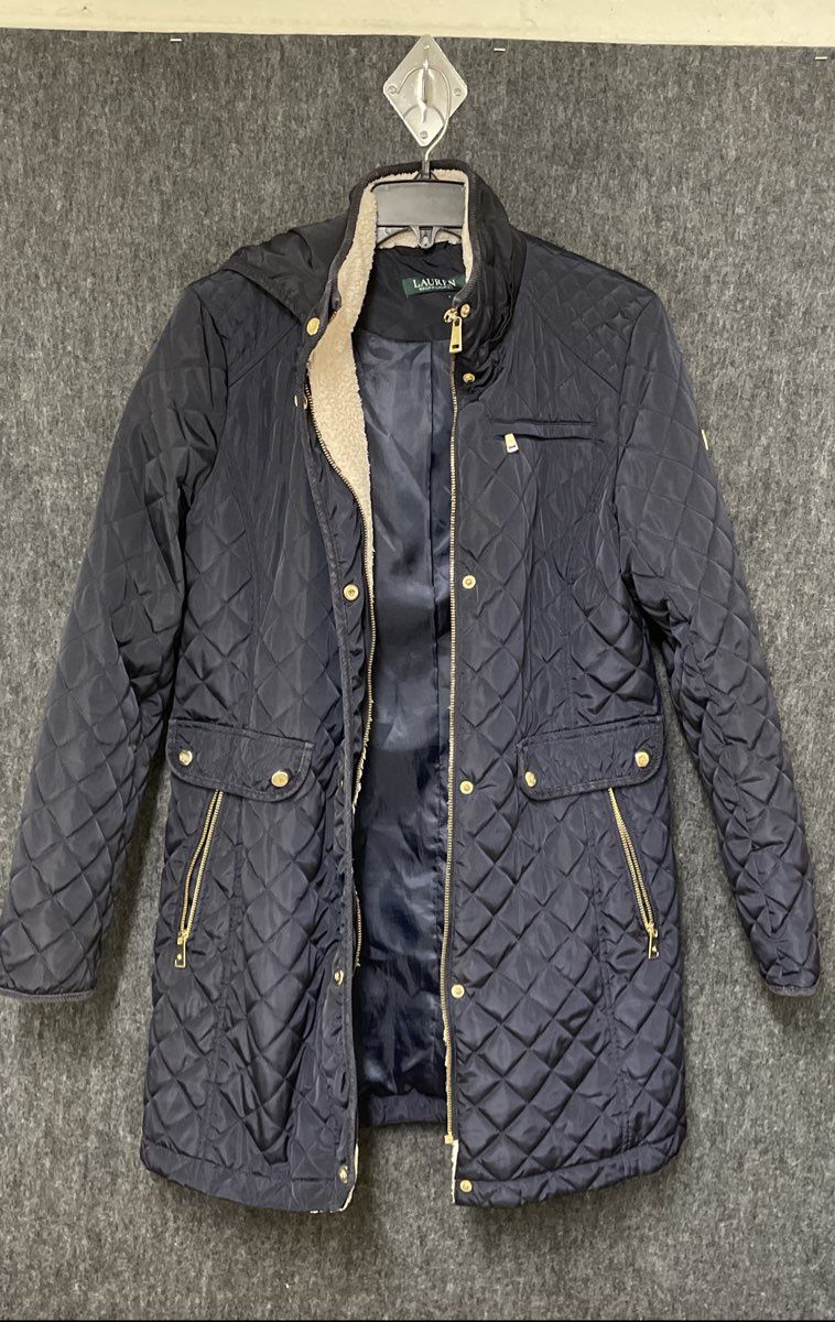 Lauren Ralph Lauren Women's Navy Blue Quilted Hooded Jacket Faux Fur Collar Sz M