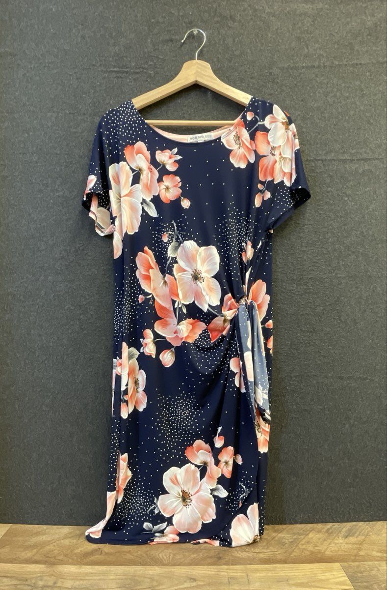 Robbie Bee Women's Navy Blue Floral Polka Dot Side Knot Drape Dress Sz M