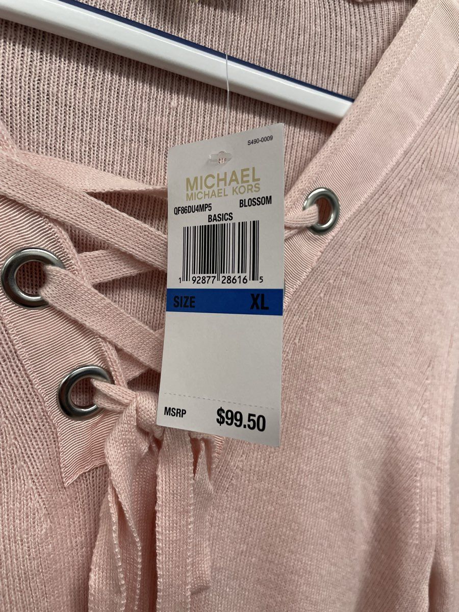 Michael Kors Women's Blossom Pink Lace-up Grommet V-Neck Sweater NWT Sz XL