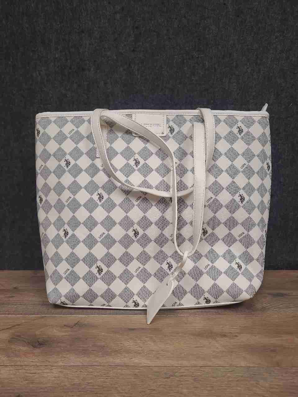 U.S. Polo Assn. White Checkered Monogram Tote Bag Large Red Interior