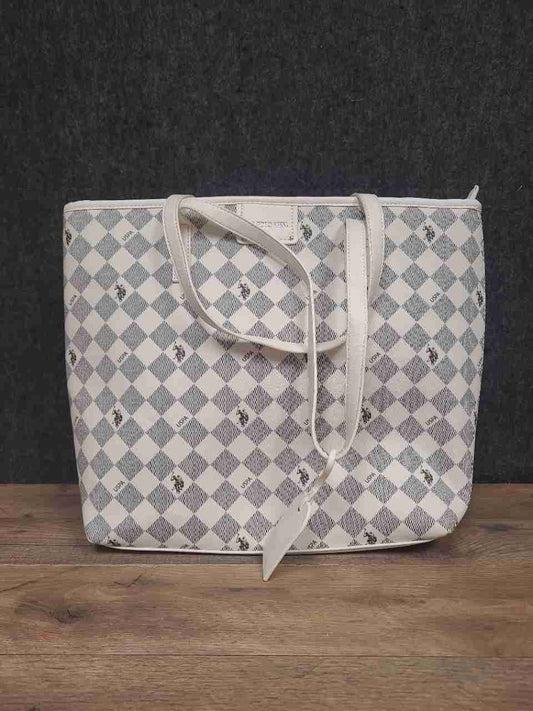 U.S. Polo Assn. White Checkered Monogram Tote Bag Large Red Interior