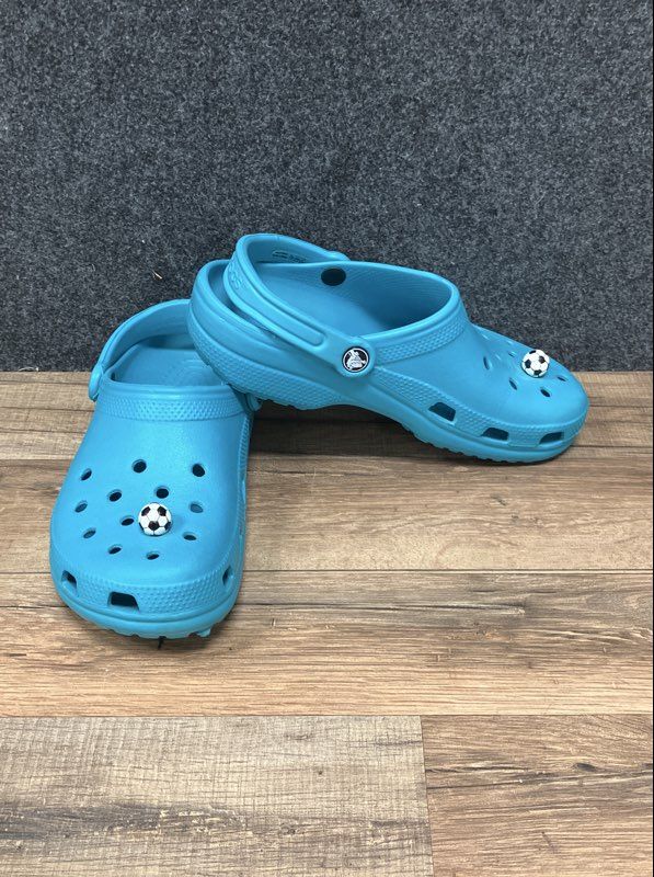 Crocs Classic Clog Blue Turquoise Soccer Ball Jibbitz Men's 7 Women's 9