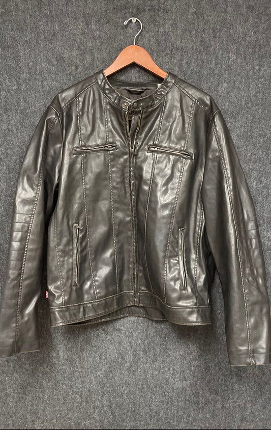 Vintage Y2K Levi's Men's Faux Leather Moto Jacket Gray Distressed Full Zip L