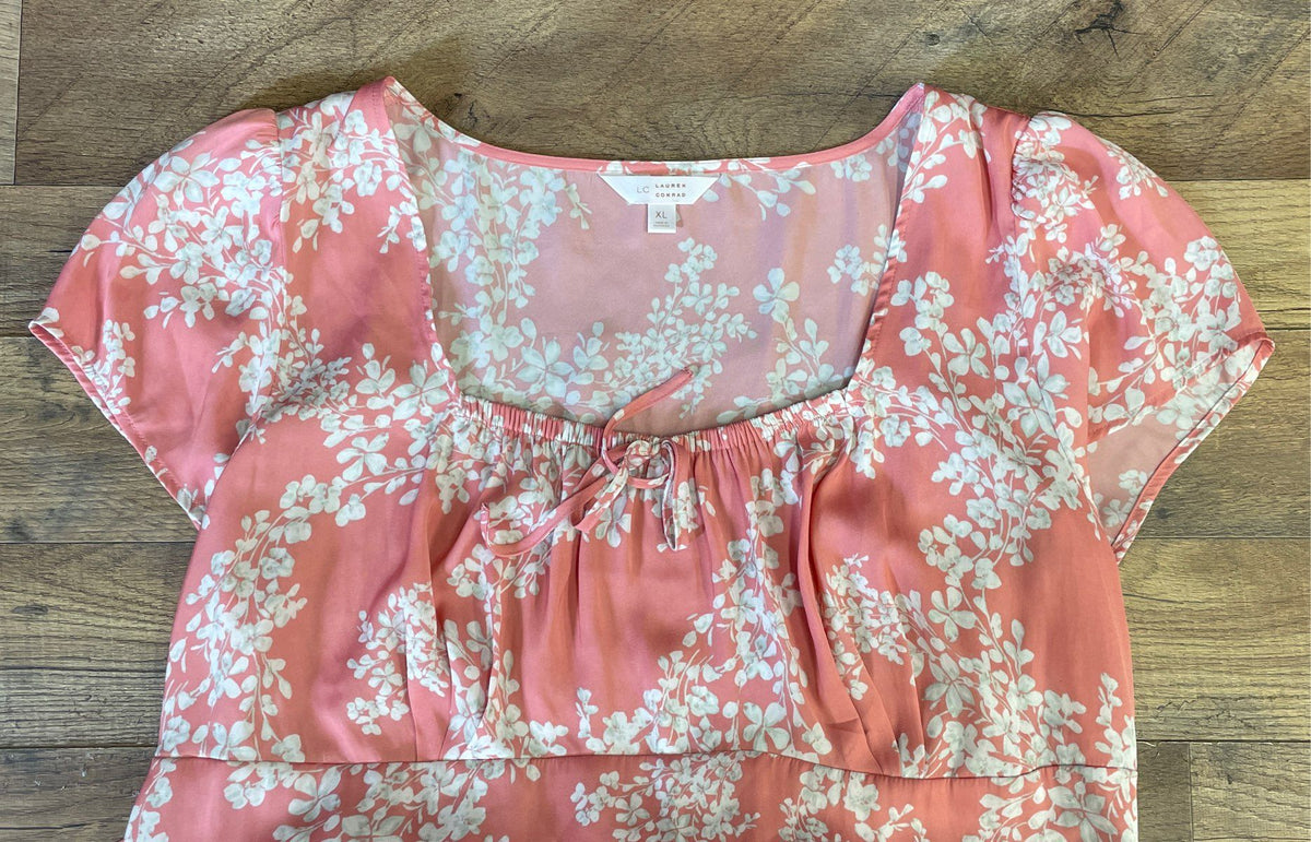 Lauren Conrad Women's Pink Floral Midi Dress Tie Details Flutter Sleeve Sz XL