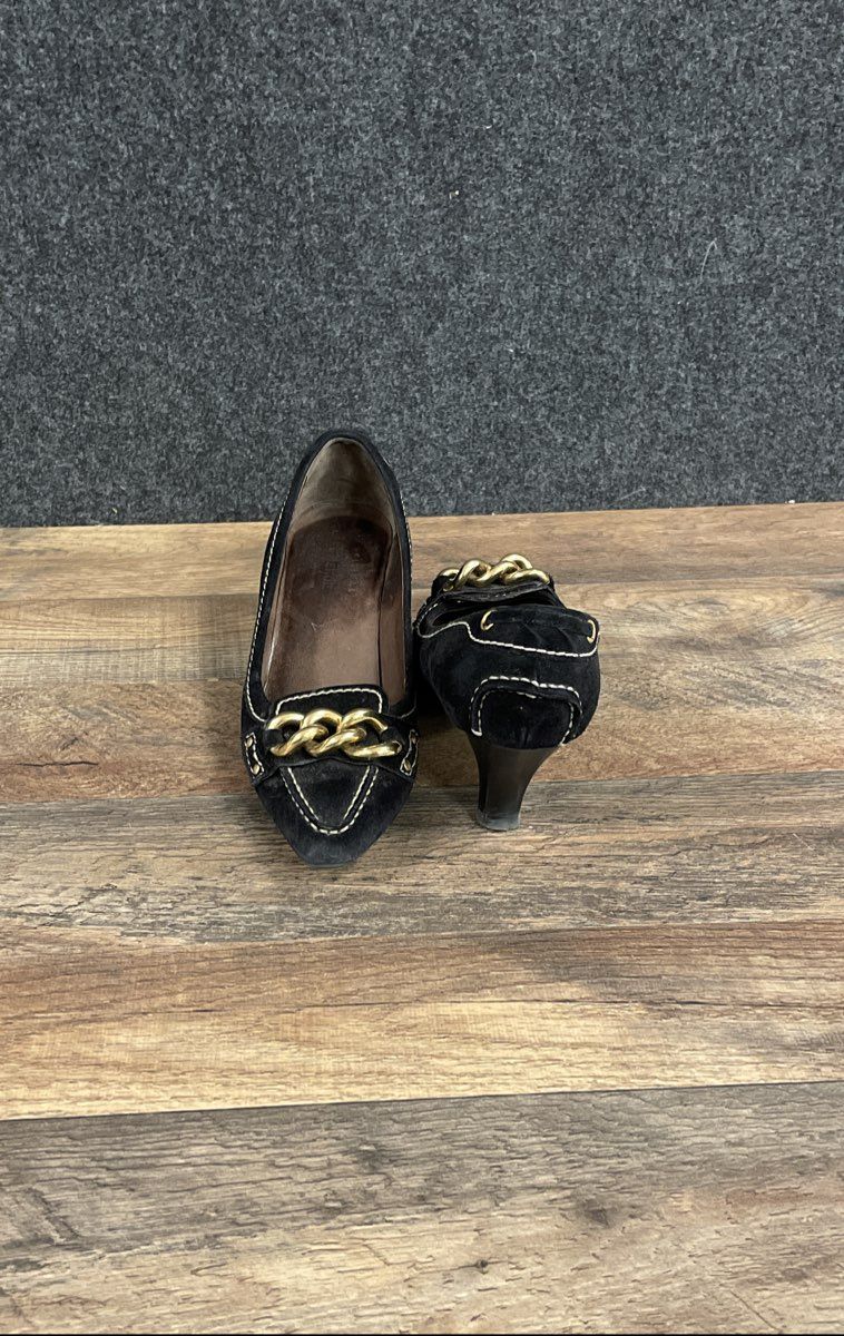 The Original Car Shoe Black Suede Gold Chain Kitten Heel Pumps Size 36.5