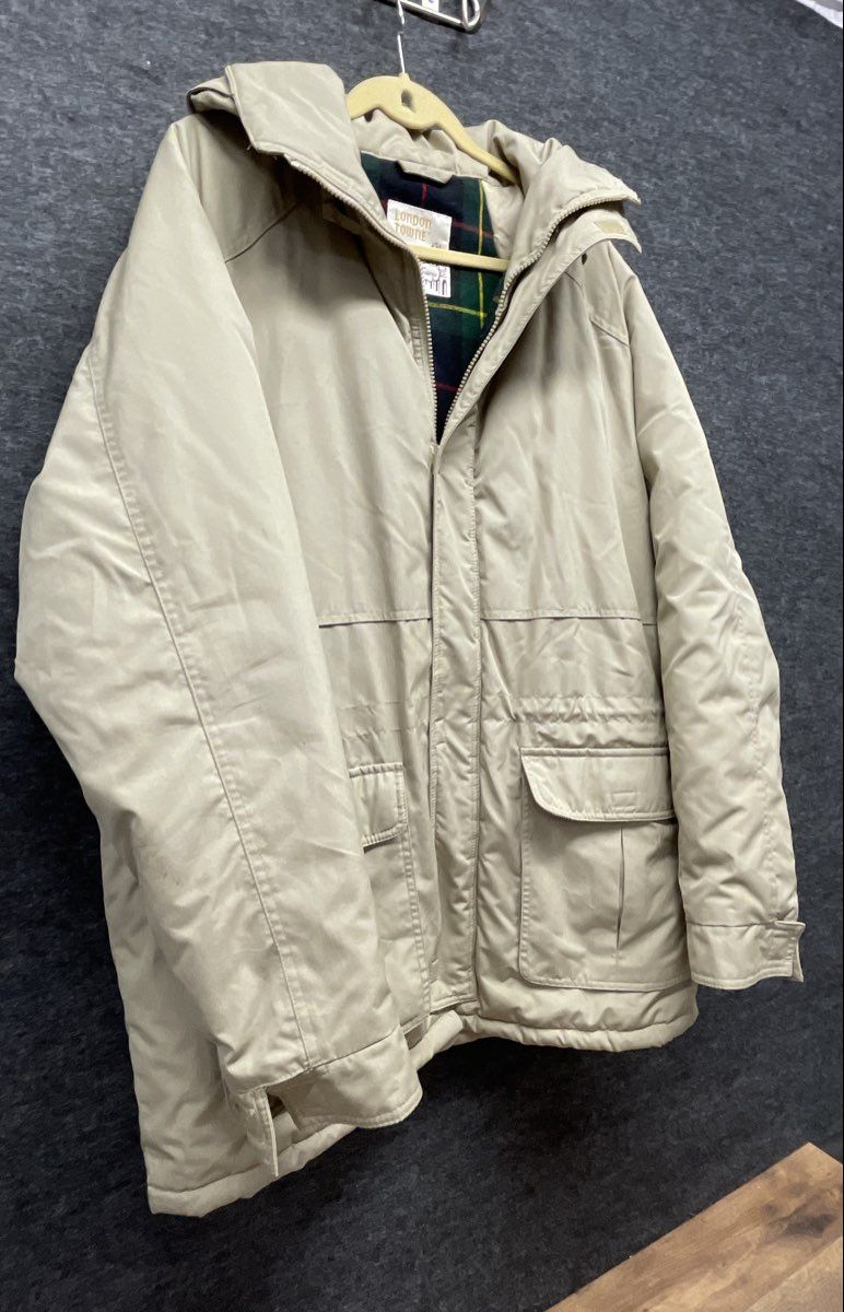 Vintage 80s London Towne Tan Plaid Lined Hooded Parka Jacket Sz XL Long