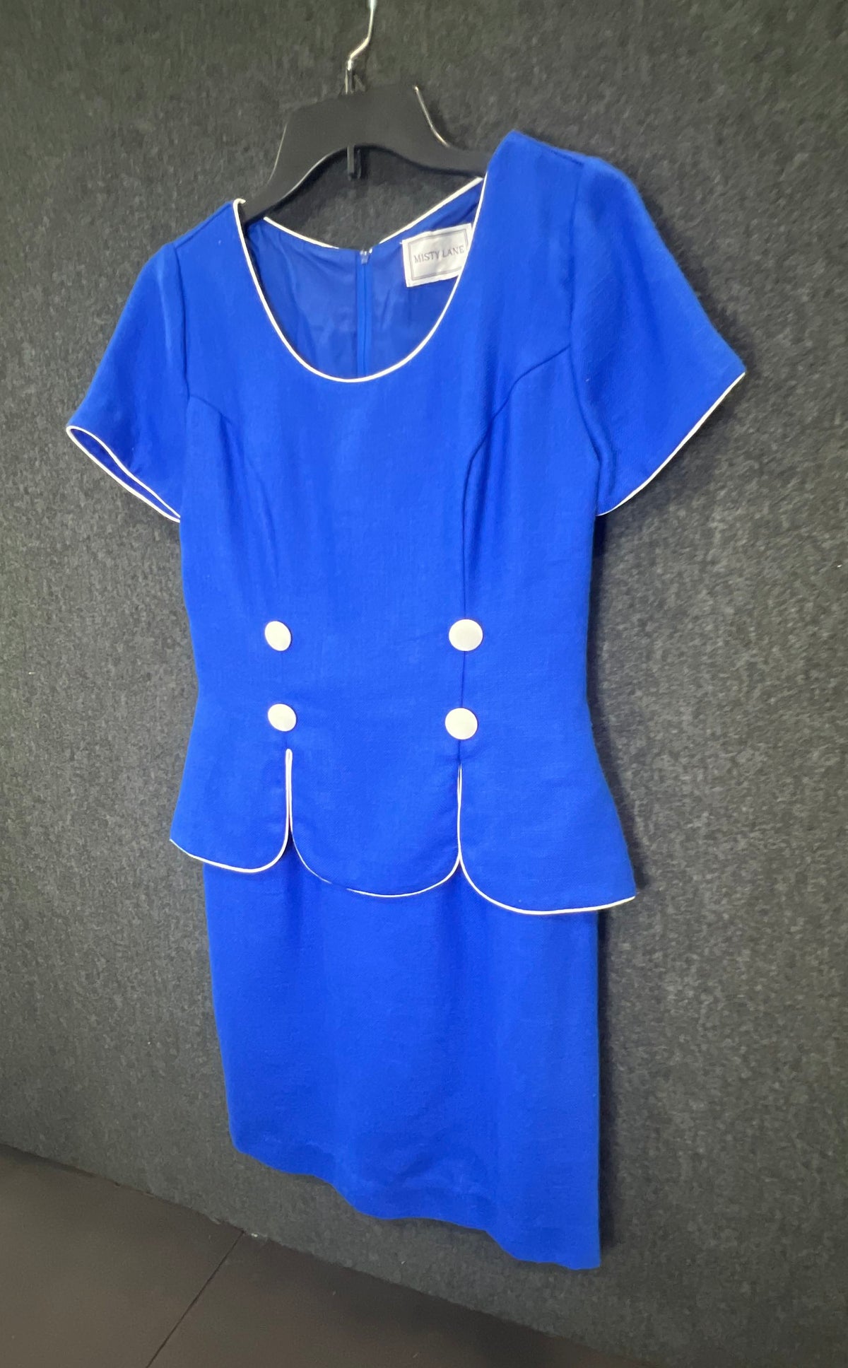 Misty Lane Women's Skirt Suit Vintage 90s Blue Short Sleeve White Piping Sz 4