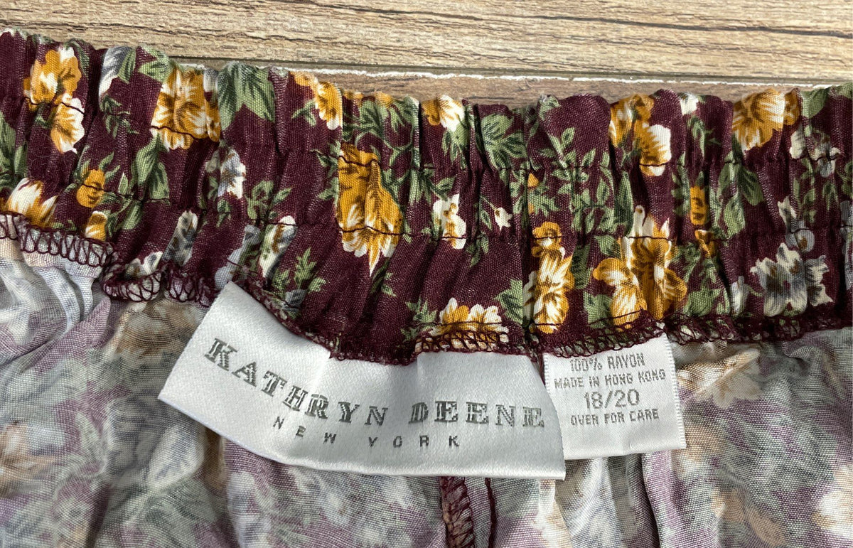Vintage 90s Kathryn Deene Women's Burgundy Floral Button Rayon Skirt Sz 18/20