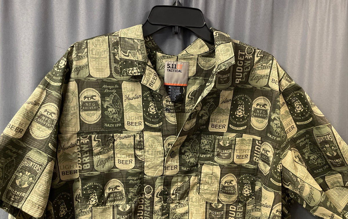 5.11 Tactical Men's Green Beer Can Printed Short Sleeve Button Up Shirt Sz XL