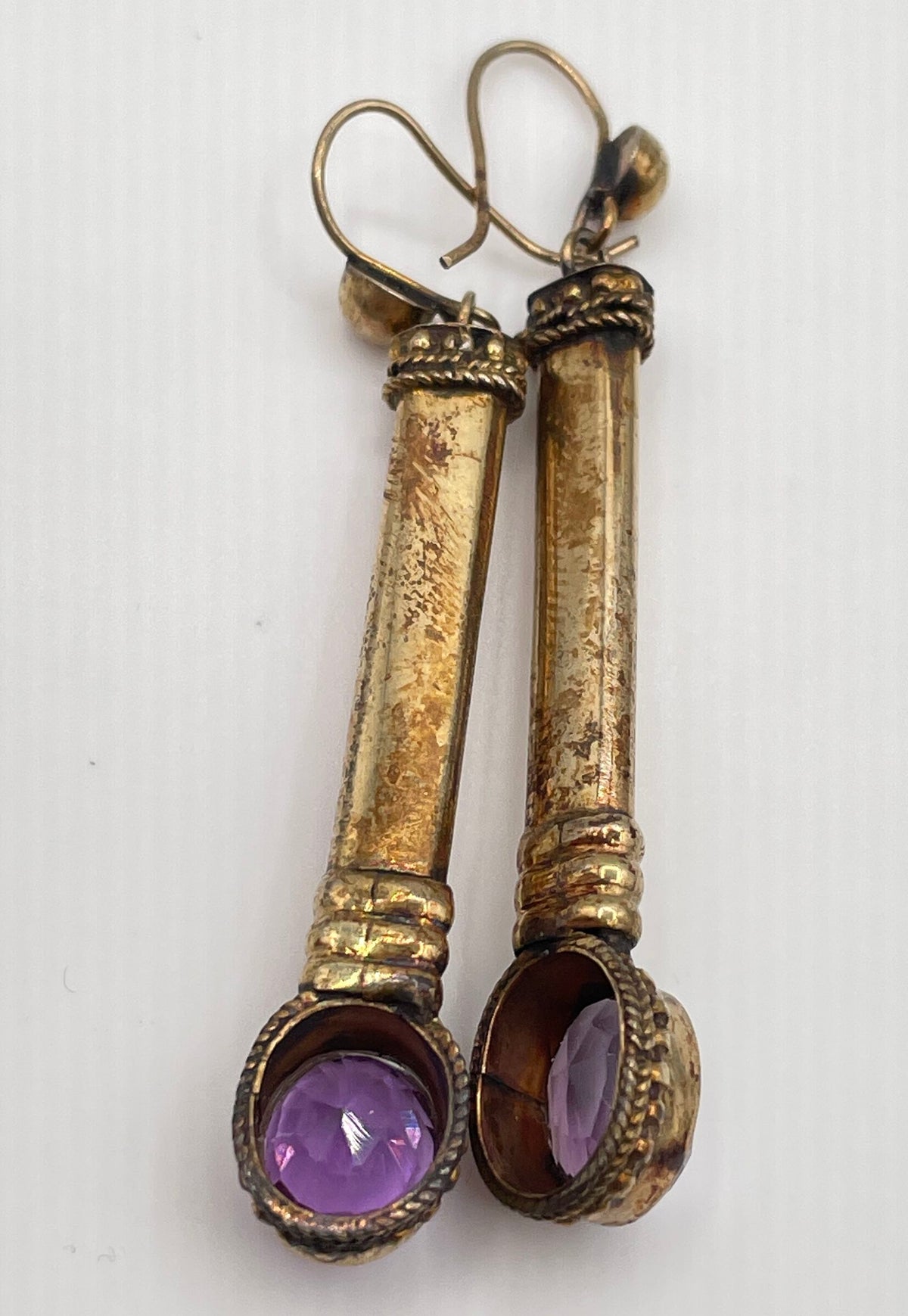 925 Sterling Silver Gold Tone Oval-Cut Amethyst Pillar Drop Earrings 8g