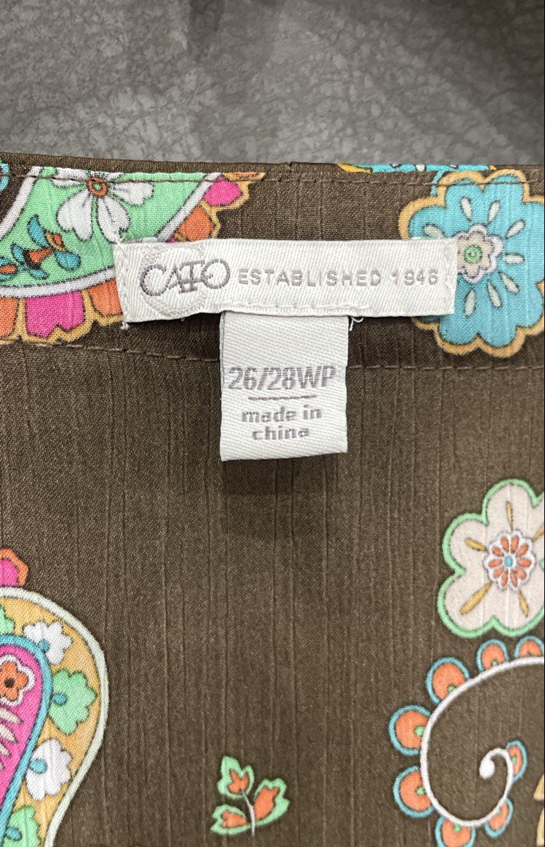 Cato Women's Brown Floral Paisley Flutter Sleeve V-Neck Peplum Blouse Sz 26/28WP