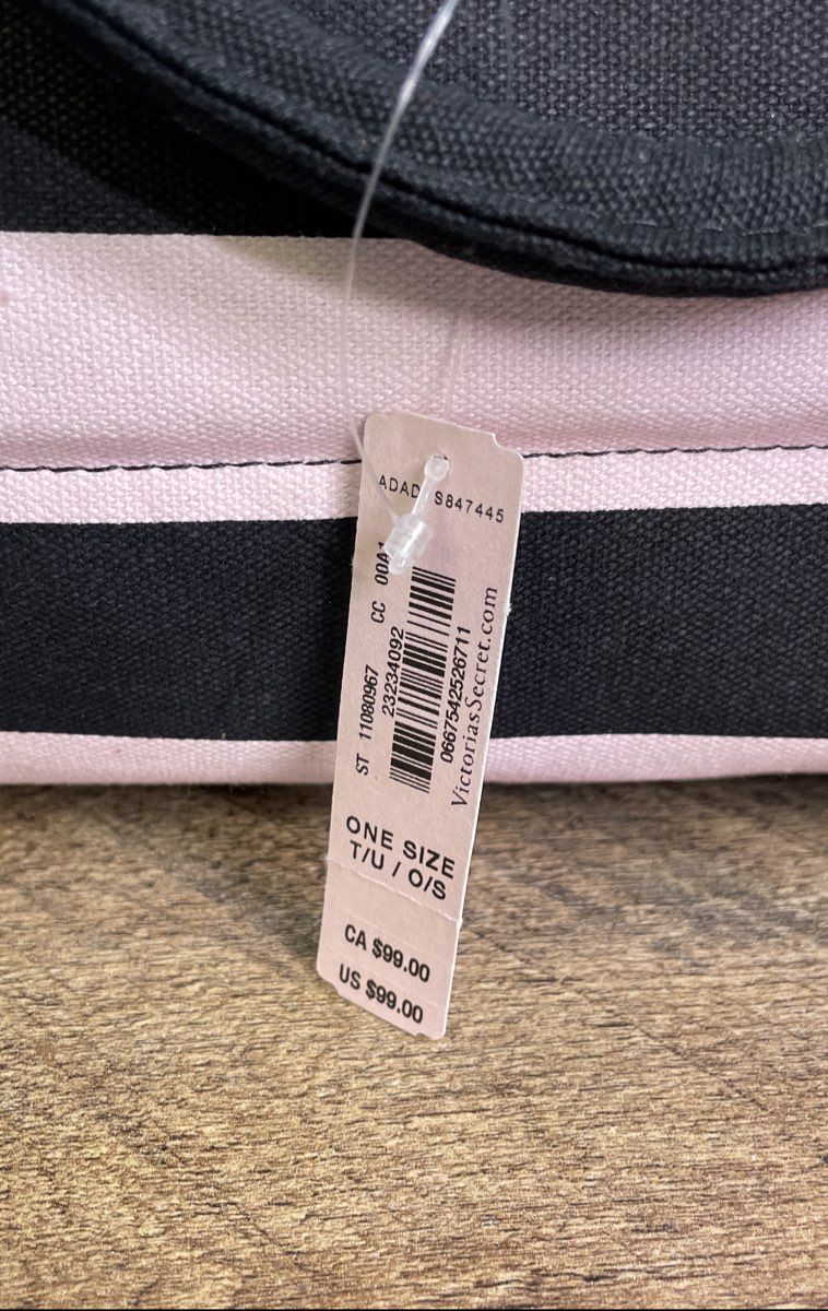 Victoria's Secret Pink Black Striped Canvas Large Tote Bag with Pouch Set NWT