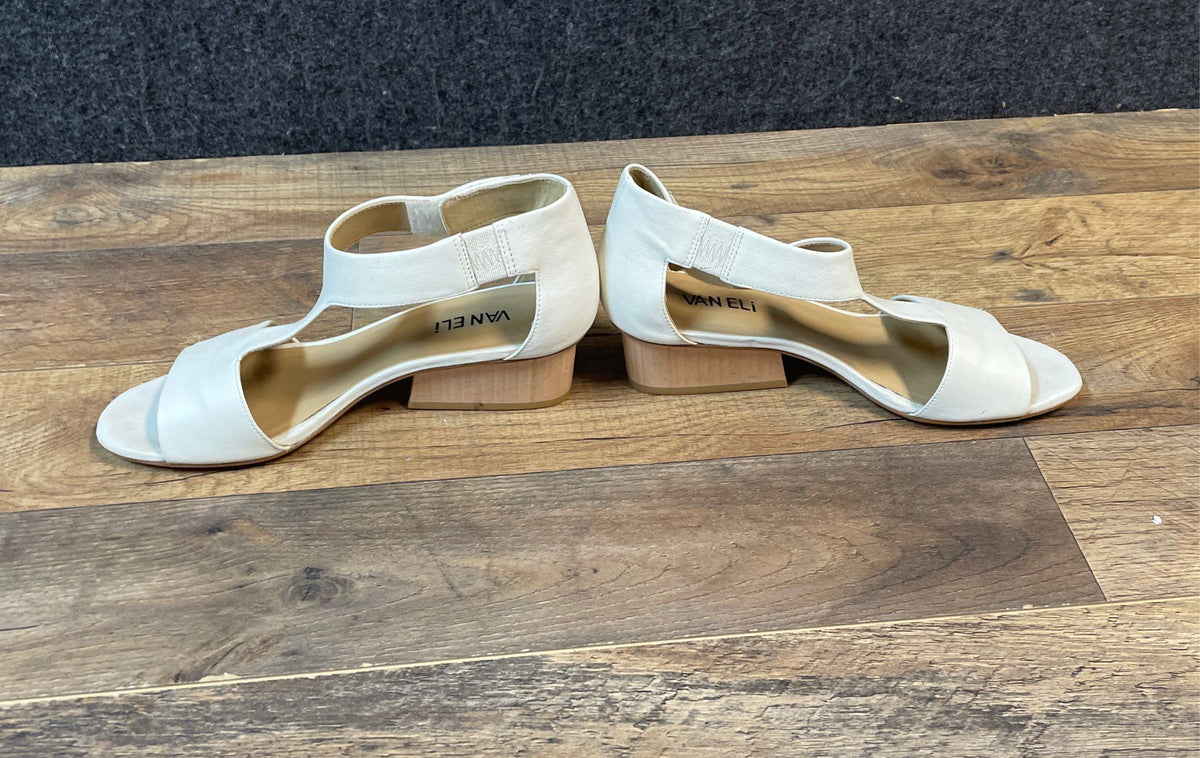 Vaneli White Leather T-Strap Open Toe Block Heel Sandals Women's Size 7.5 N