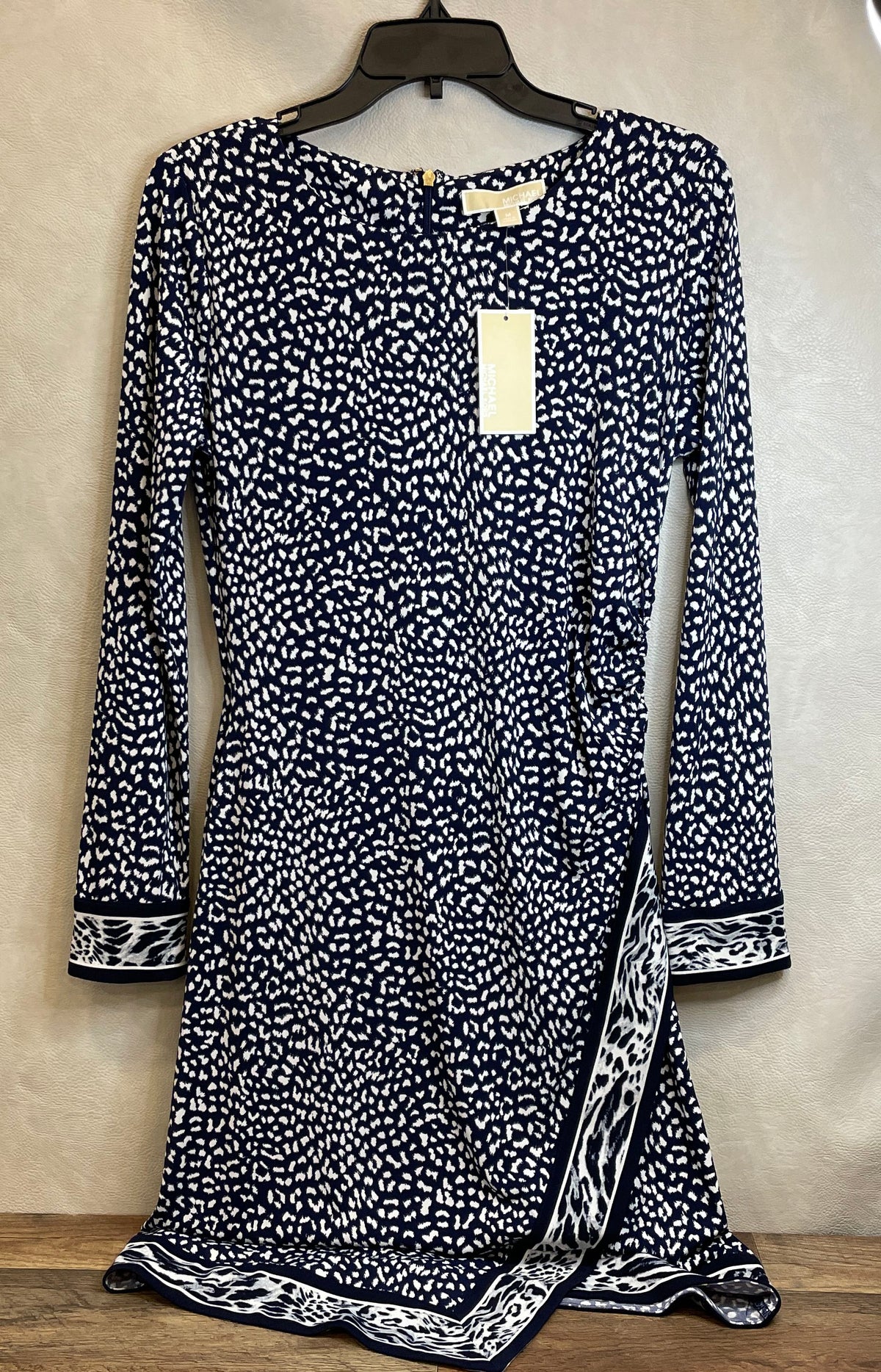 Michael Kors Women's Navy Blue White Animal Print Long Sleeve Dress NWT Sz M