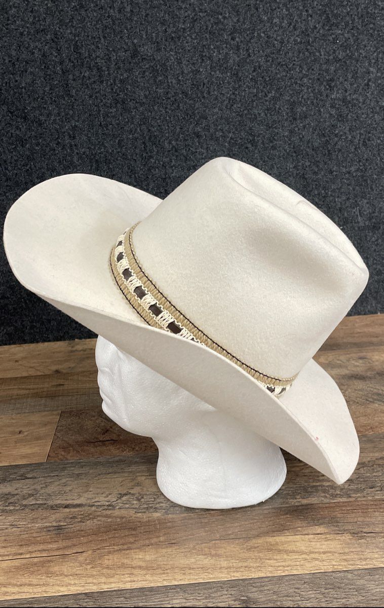 Vintage Smithbilt Men's Off-White Felt Western Cowboy Hat Woven Feather Band