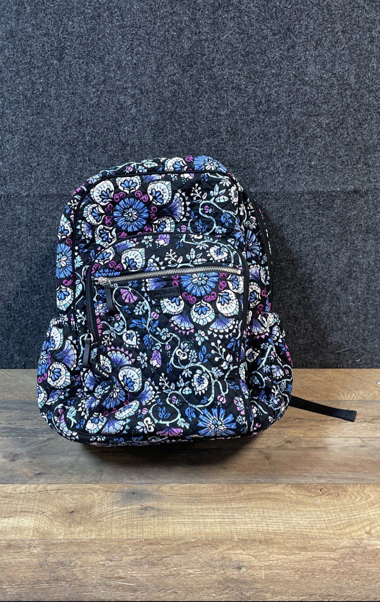 Vera Bradley Black Floral Quilted Cotton Campus Travel Backpack
