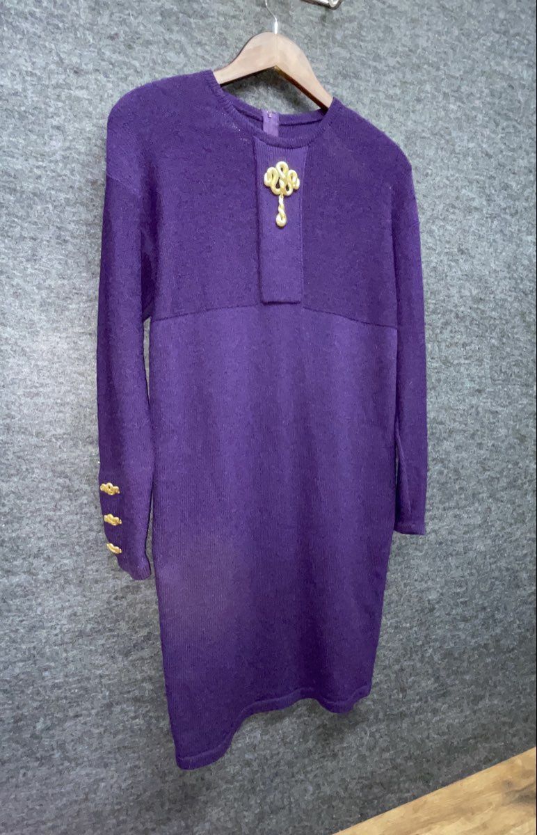 Vintage 90s Steve Fabrikant Women's Purple Knit Tunic Sweater Gold Buttons