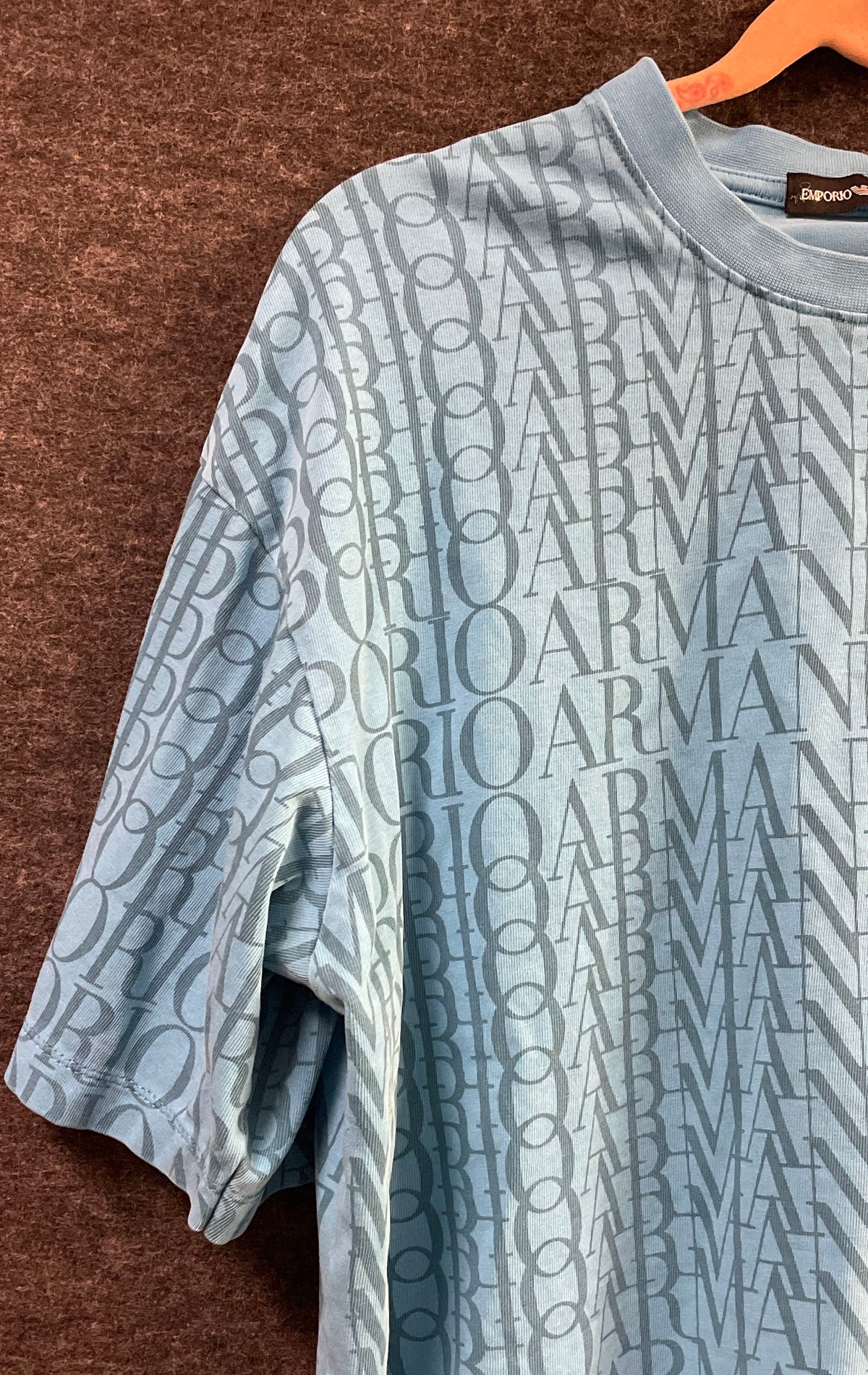 Emporio Armani Women's Light Blue All Over Logo Print T-Shirt Sz 1X
