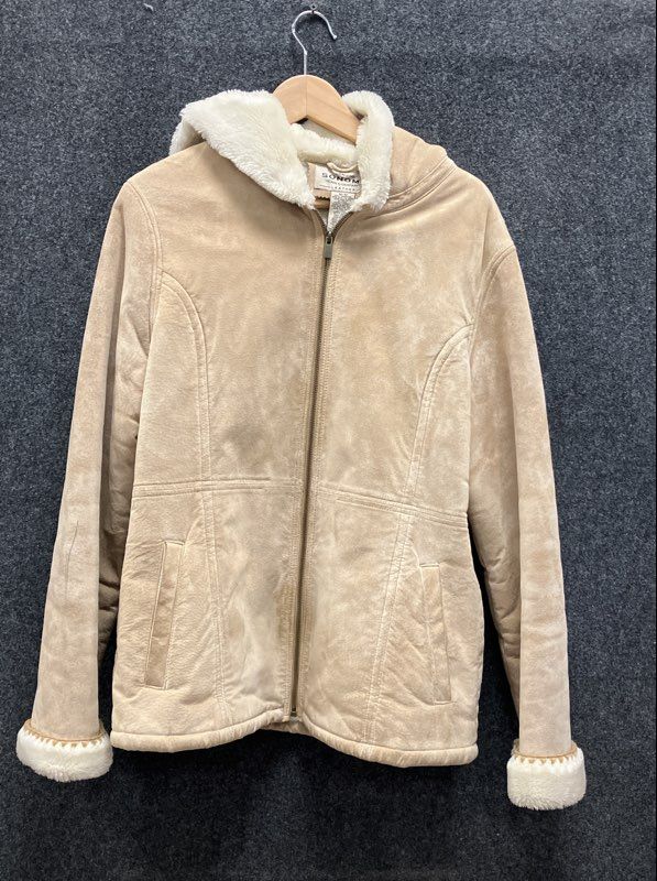 Sonoma Women's Tan Suede Leather Hooded Jacket Faux Fur Lined Sz M