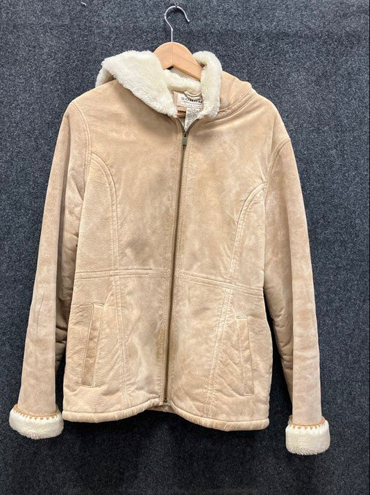 Sonoma Women's Tan Suede Leather Hooded Jacket Faux Fur Lined Sz M