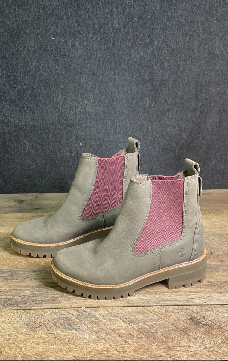 Timberland Courmayeur Valley Chelsea Grey Nubuck Burgundy Boots Women's Size 8