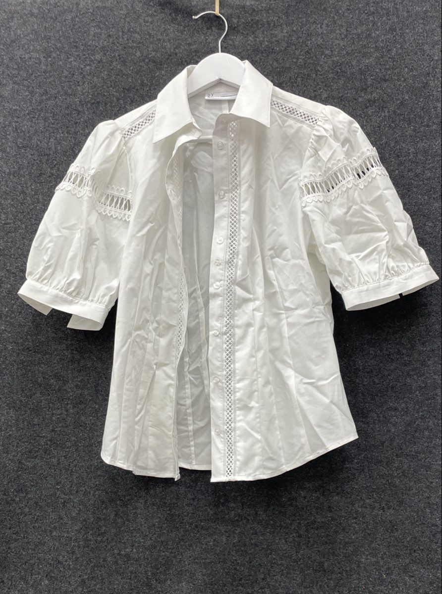New York & Company Women's White Puff Sleeve Lattice Lace Blouse NWT Sz S
