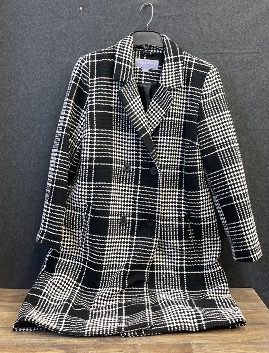Laura Scott Women's Wool Blend Coat Black White Plaid Double Breasted Sz XL