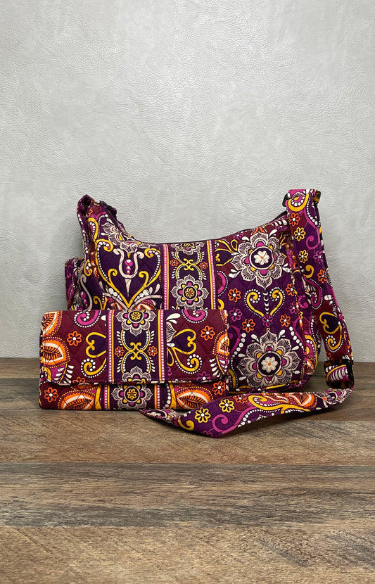 Vera Bradley Purple Orange Paisley Quilted Cotton Crossbody Bag and Wallet Set