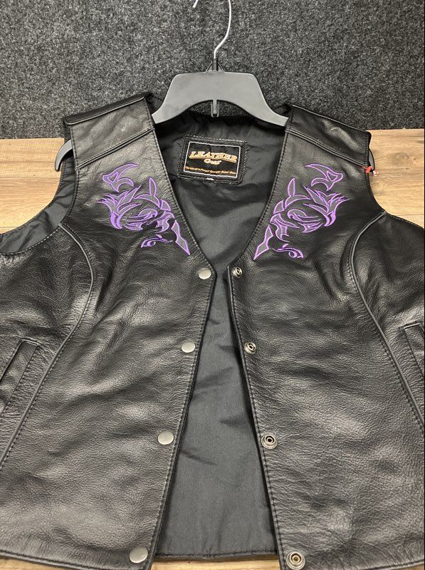Leather Gear Women's Biker Vest Black Purple Embroidered Lace Up Sz XXL