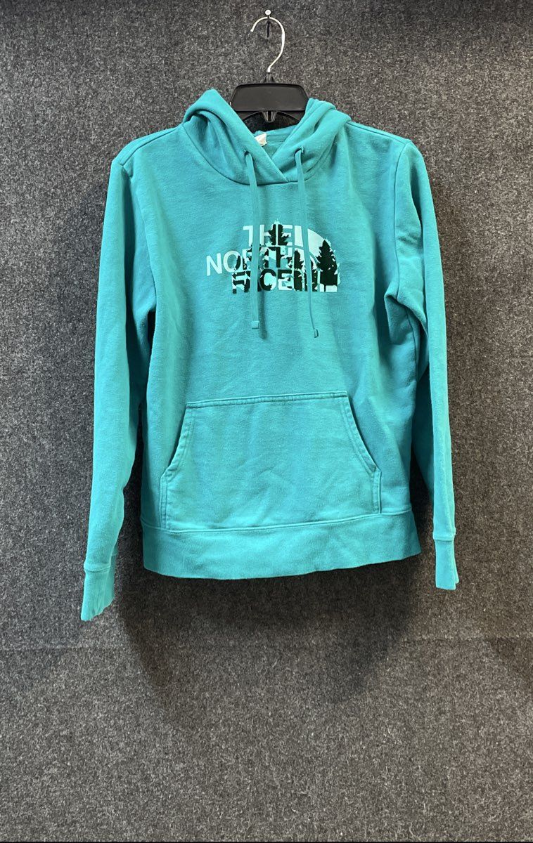 The North Face Teal Blue Graphic Logo Forest Tree Pullover Hoodie Sz S/M