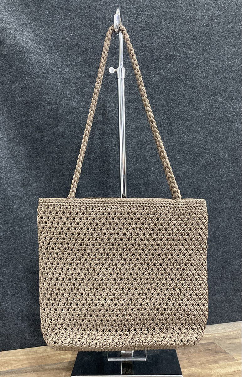 The Sak Brown Crochet Woven Shoulder Bag Handbag Purse Silver Tone Hardware