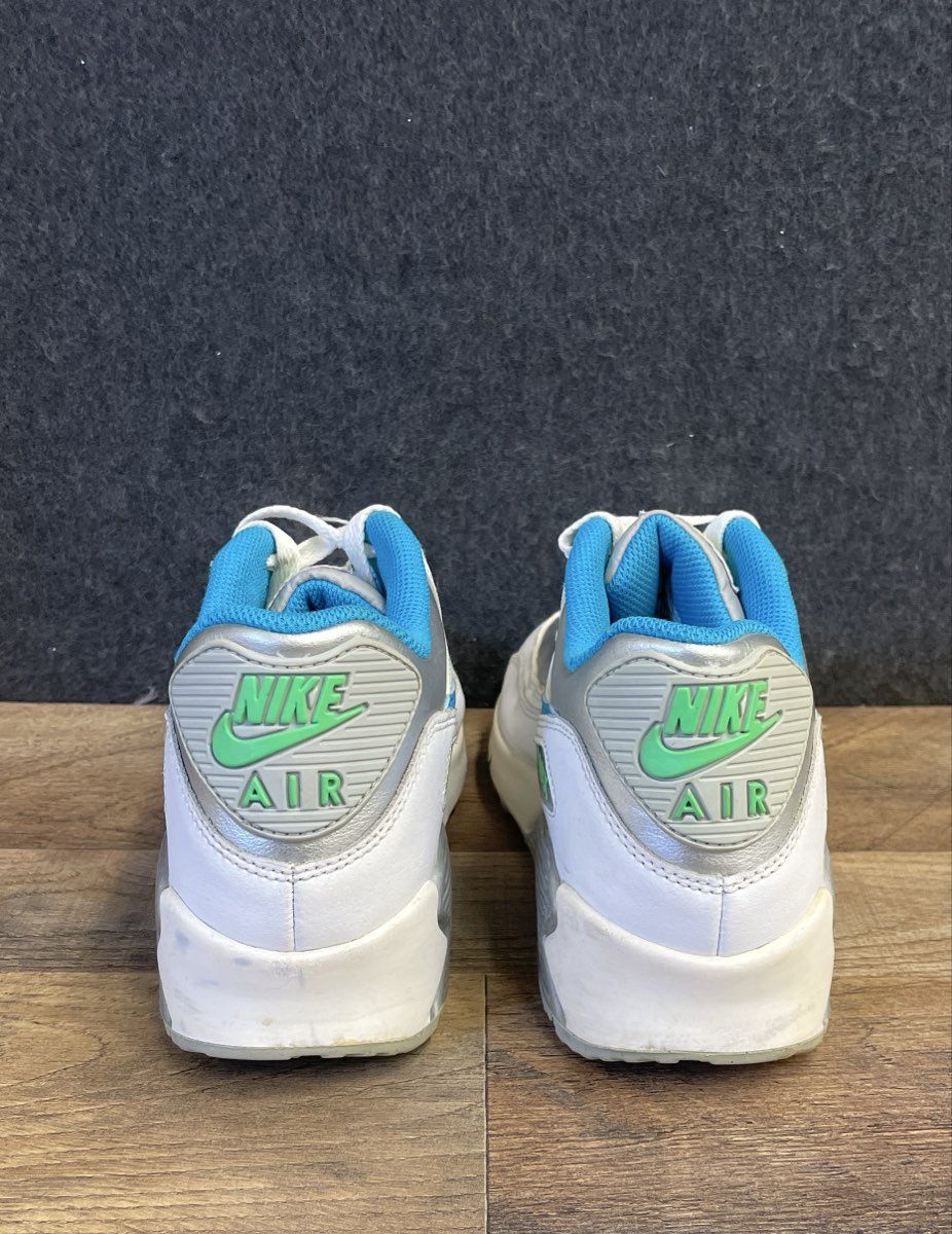 Nike Air Max 90 Leather GS White Metallic Silver Blue Sneaker Youth Size 6Y