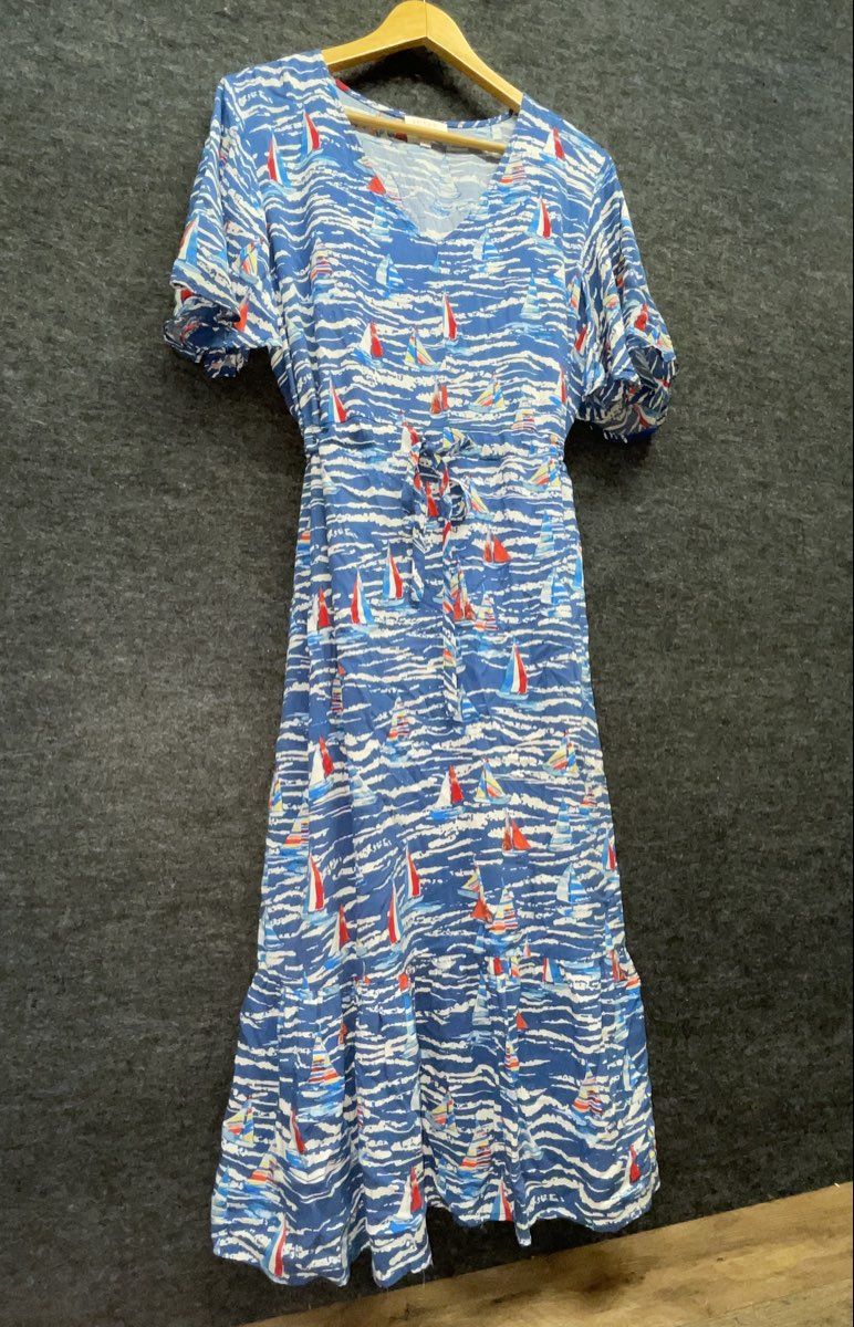 Stitch by Chenault Women's Blue Nautical Sailboat Print Rayon Tie Waist Midi XL
