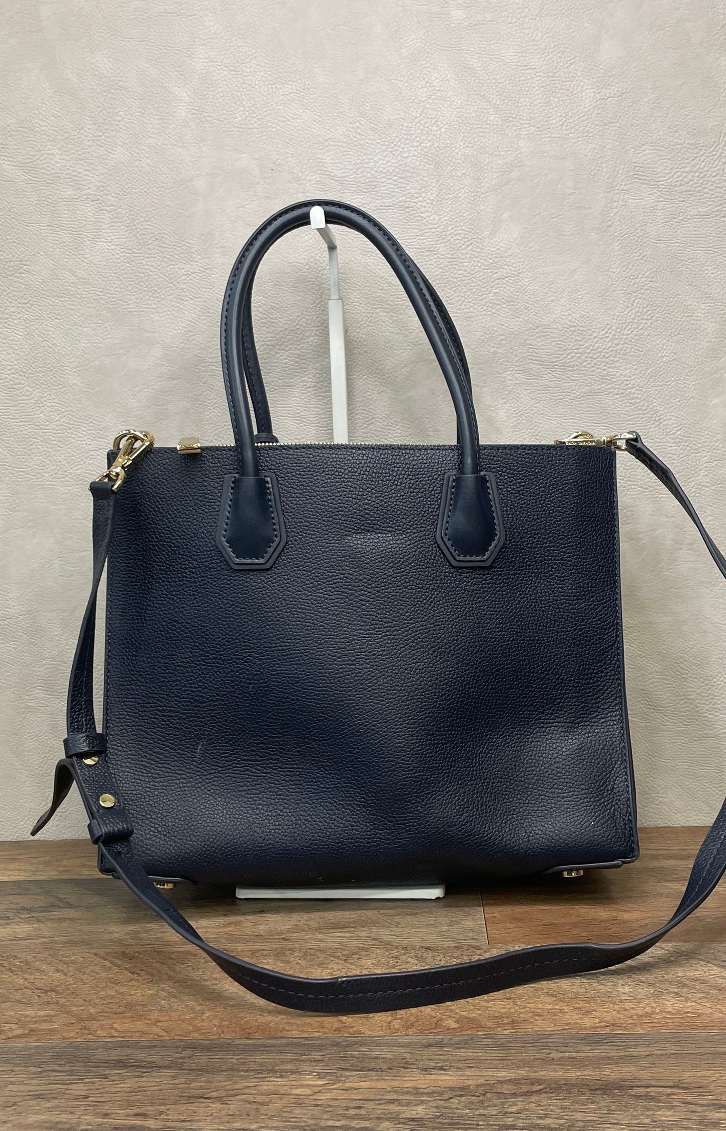 Michael Kors Navy Blue Mercer Large Satchel Bag Pebbled Leather Gold Hardware