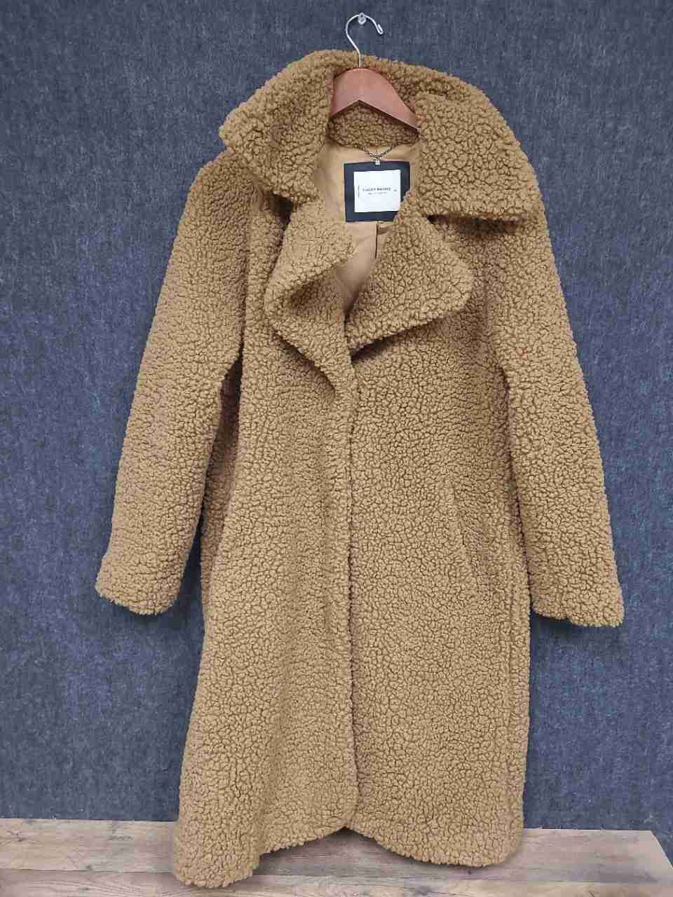 Lucky Brand Women's Tan Sherpa Teddy Faux Fur Long Coat Sz M
