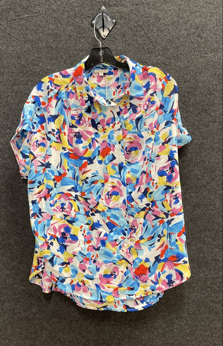 Jodifl Women's Abstract Floral Short Sleeve Button Front Blouse Sz M NWT