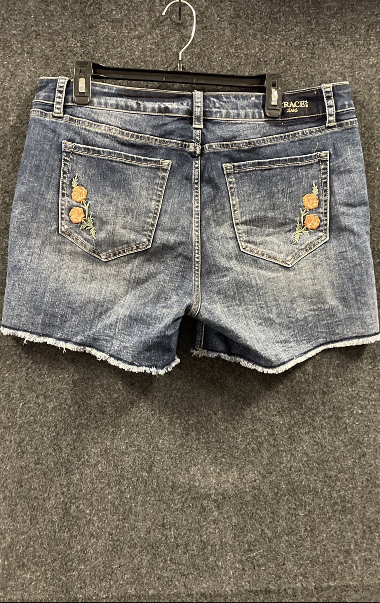 Grace in LA Women's Blue Denim Shorts Easy Fit Embroidered Cactus Floral Sz 34