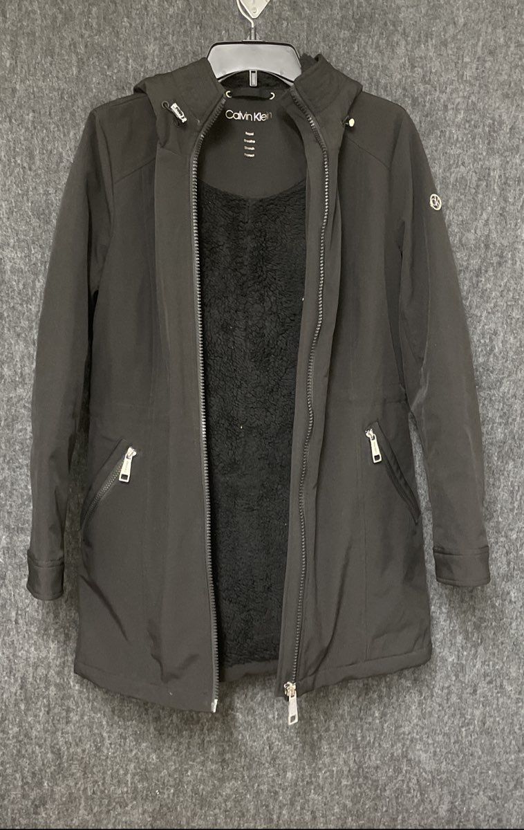 Calvin Klein Women's Black Softshell Hooded Jacket Faux Fur Lined Stretch XS