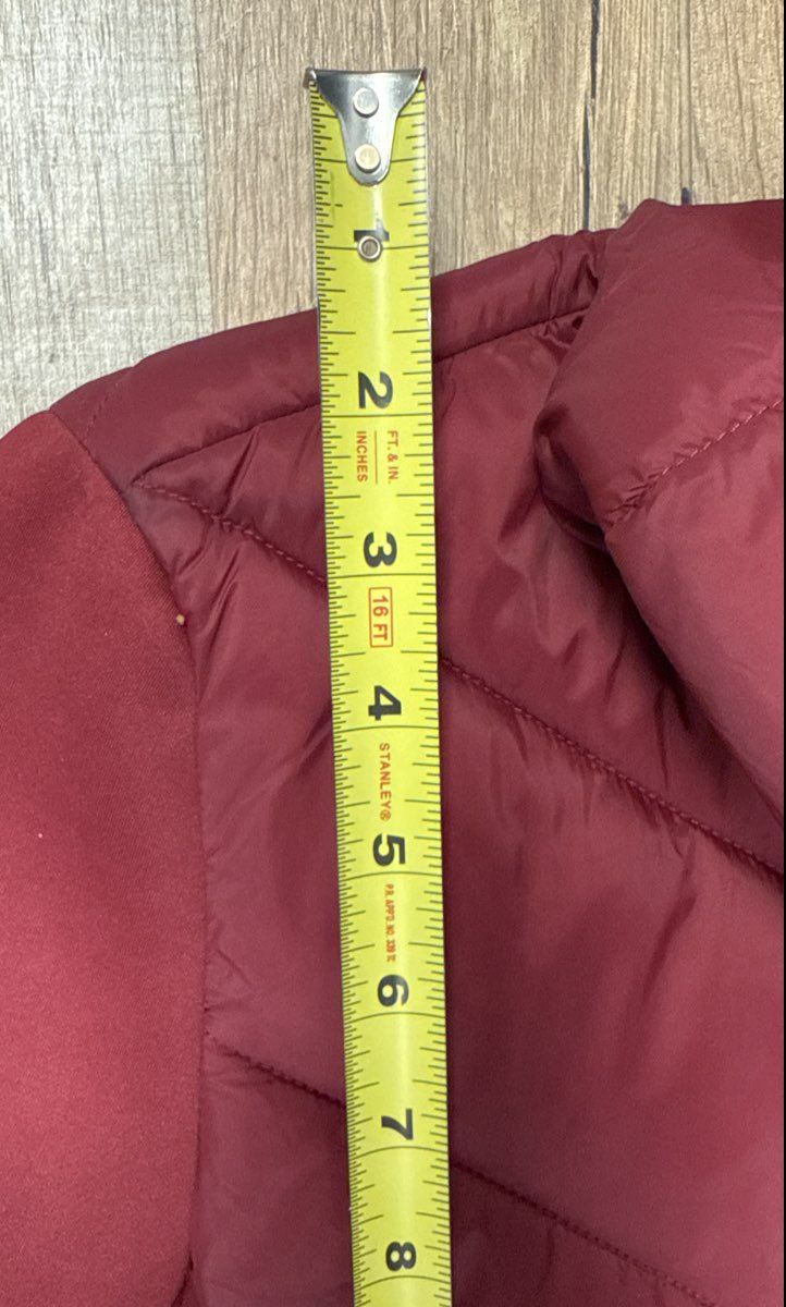 DKNY Women's Mixed-Media Hooded Puffer Jacket Burgundy Chevron Sz S