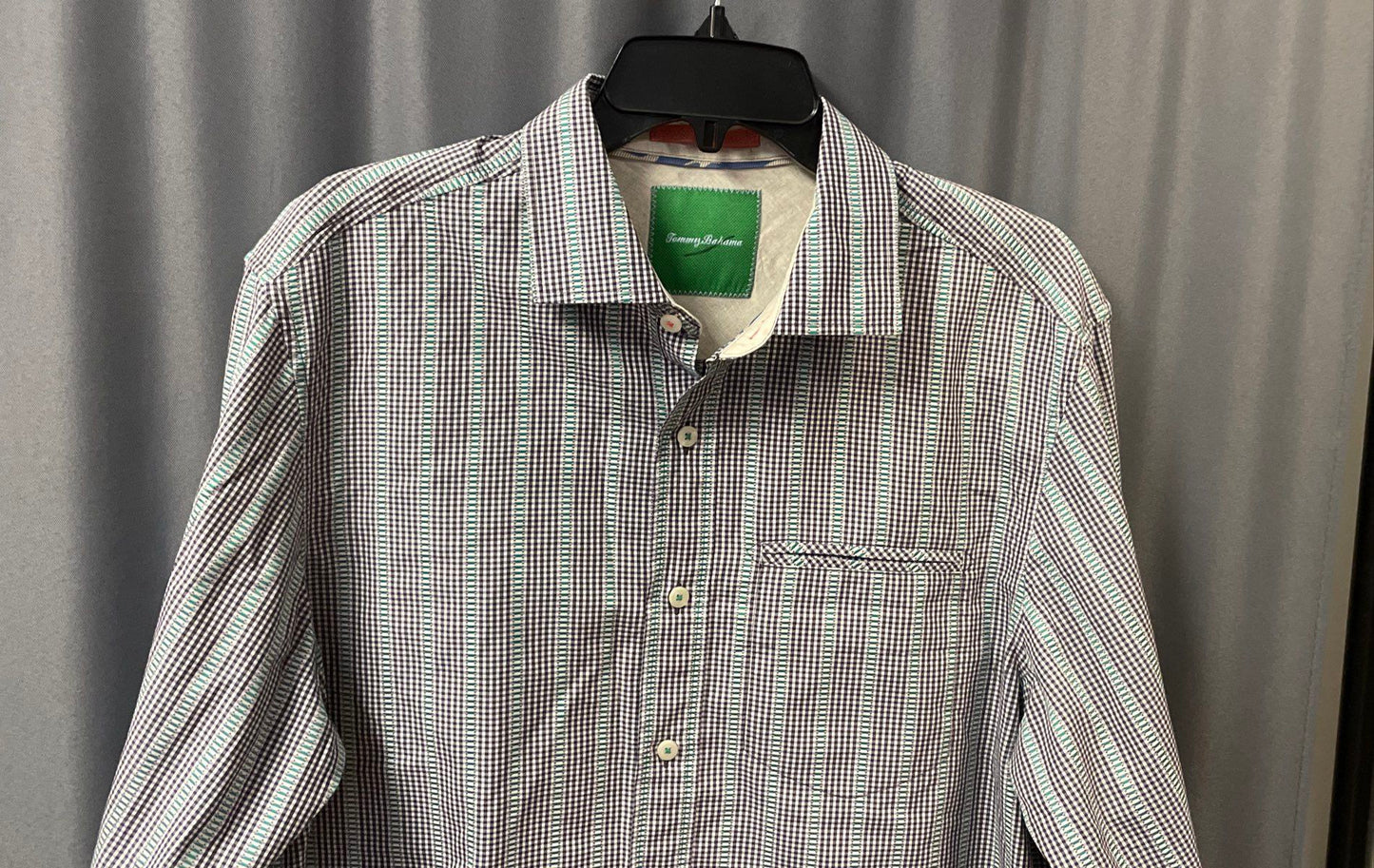 Tommy Bahama Men's Green Black Gingham Textured Stripe Button Down Shirt Sz M